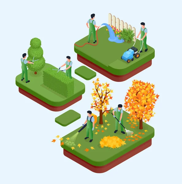 Professional Gardening Isometric Elements Topiary Tree Lawn Mowing Cleaning Autumn — ストックベクタ