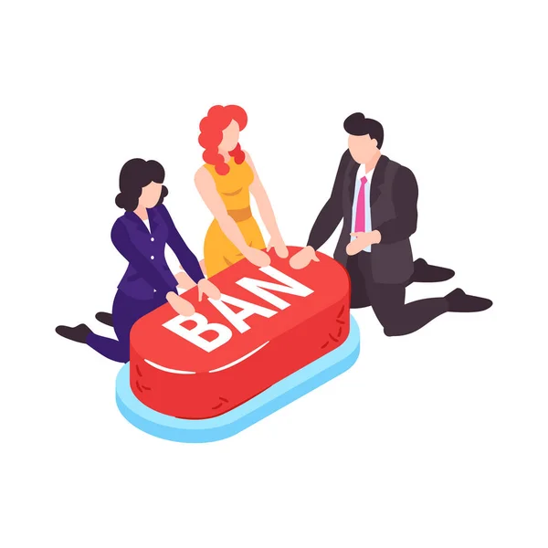 Isometric Banned Website Concept Internet Users Red Ban Button Vector — Vector de stock
