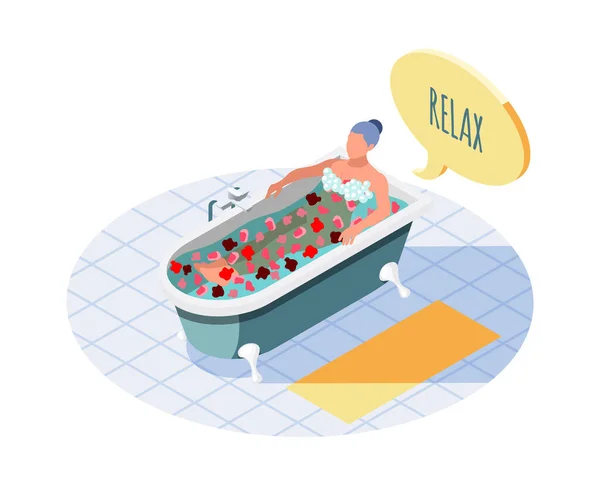 Women Health Isometric Composition Woman Relaxing Bath Vector Illustration —  Vetores de Stock