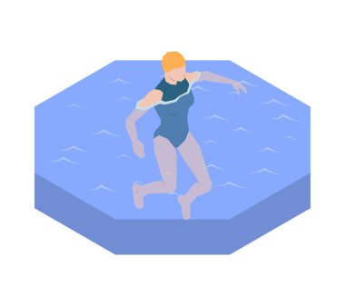 Isometric faceless woman swimming in water 3d vector illustration