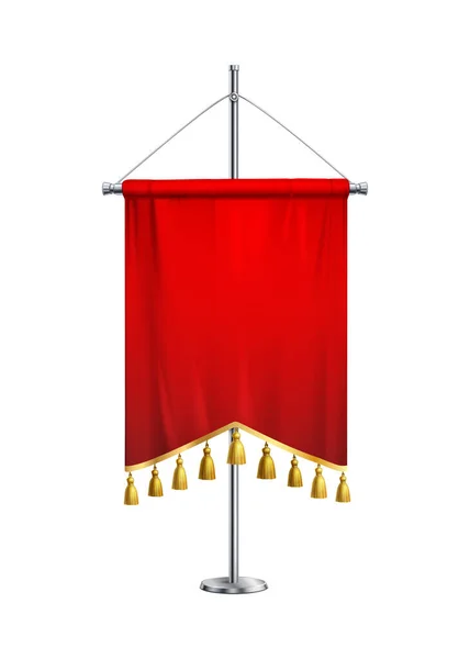 Realistic Red Fabric Pennant Golden Tassels Steel Spire Pedestal Vector — Stockvector