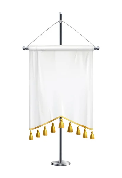 Blank White Satin Pennant Golden Tassels Spire Pedestal Realistic Vector —  Vetores de Stock