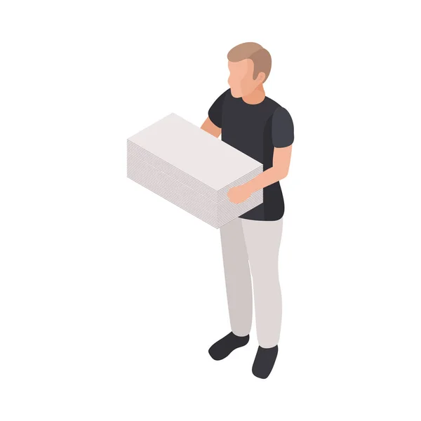 Printing House Worker Holding Stack Papers Isometric Character Vector Illustration — Stockový vektor