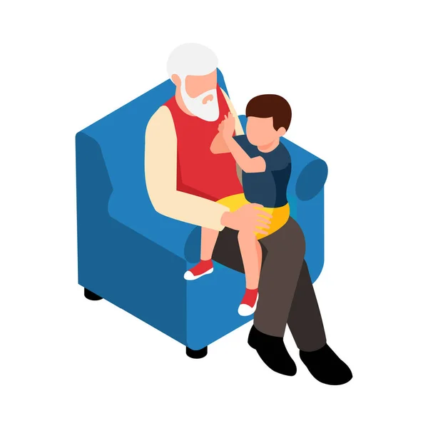 Isometric Grandpa Spending Time Grandson Sitting Armchair Vector Illustration — ストックベクタ