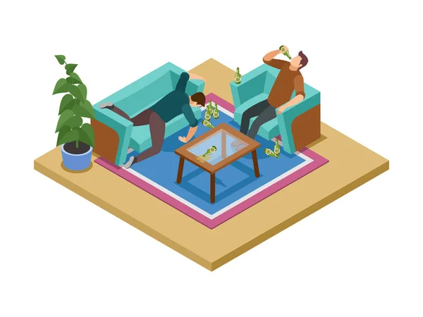 Alcoholism Dependence Concept Composition Two Drunk Man Home Isometric Vector — 스톡 벡터