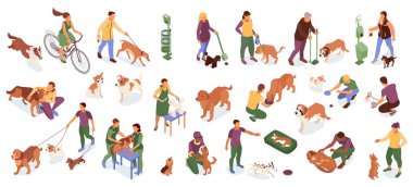 Dog sitter and lover set with cleaning pets poop symbols isometric isolated vector illustration