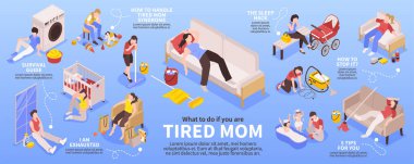 Woman tired from housework and motherhood isometric infographics vector illustration