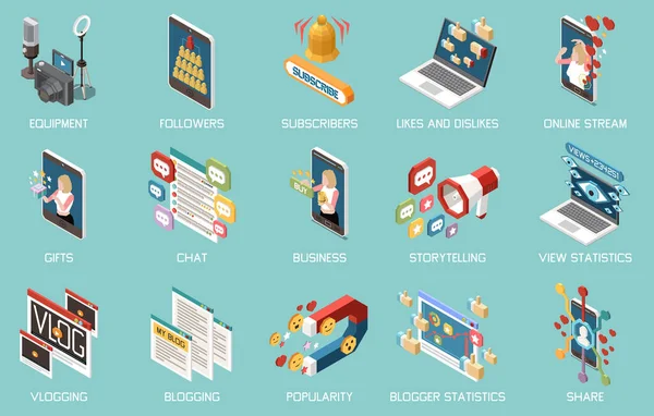 Social Media Influencer Isometric Set Blogging Vlogging Icons Isolated Color — Stockový vektor