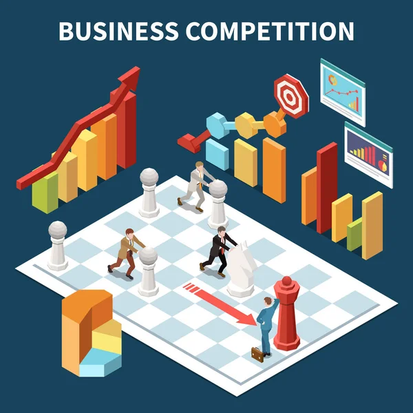 Business Competition Isometric Background Small Businessman Characters Moving Chess Pieces — Wektor stockowy