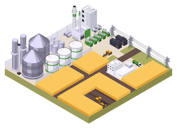 Bio Fuel Production Isometric Composition View Modern Energy Plant Electric — Vettoriale Stock