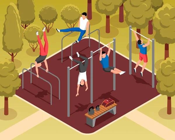 Street Workout Sports Ground Men Doing Gymnastic Exercises Bars Isometric — Vector de stock