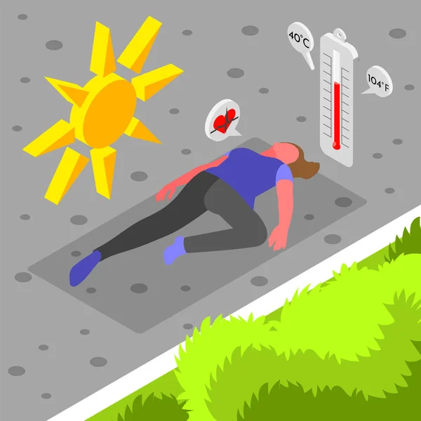 Heat Stroke Isometric Composition Outdoor View Overheated Woman Lying Pavement — Vetor de Stock