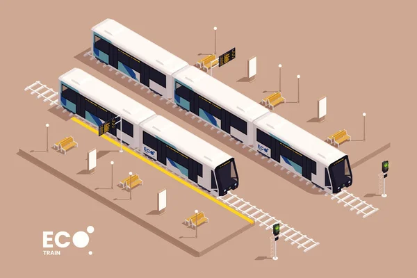 City Tram Isometric Concept Eco Sustainable Public Transport Stop Vector — Stok Vektör