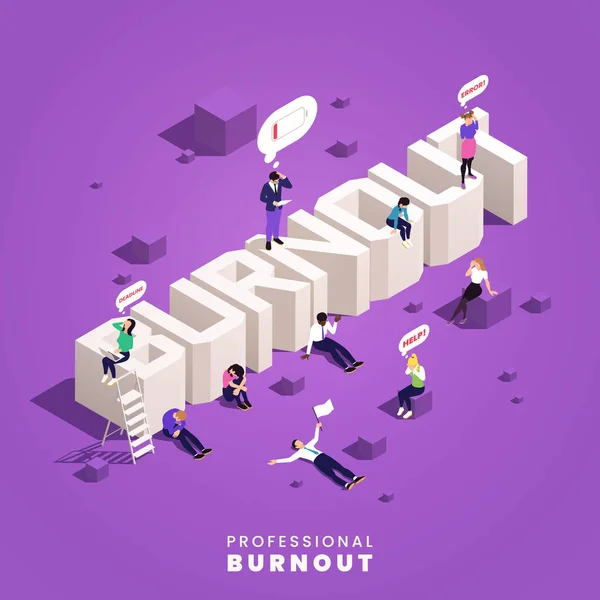 Professional Burnout Syndrome Isometric Concept Office Workers Showing Depression Frustration — Vettoriale Stock