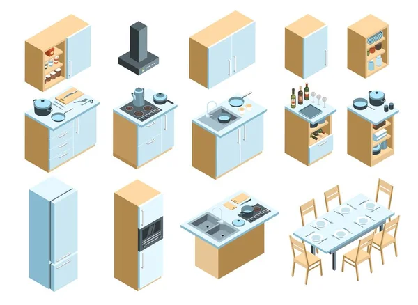 Isometric Kitchen Interior Set Isolated Icons Range Fridges Tableware Cabinets — Vector de stock