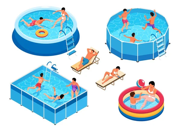 Isometric Swimming Pool Set Isolated Icons Views Inflatable Portable Pools — Stockový vektor