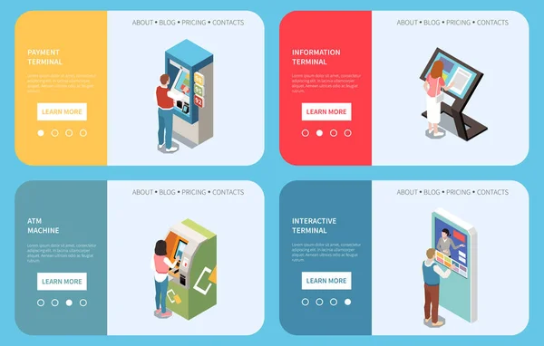 Isometric Set Horizontal Banners People Using Self Service Payment Interactive — Wektor stockowy