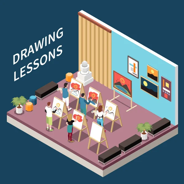 Art School Drawing Lessons Isometric Composition Students Painting Canvas Studio — Vetor de Stock