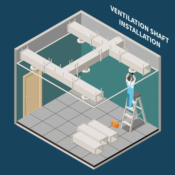 Air Conditioning Composition Maintenance Worker Installing Ventilation Shaft Vector Illustration — Stockvektor