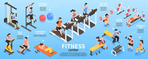 Isometric Gym Fitness Center Infographics People Doing Sport Training Indoors — Stock vektor