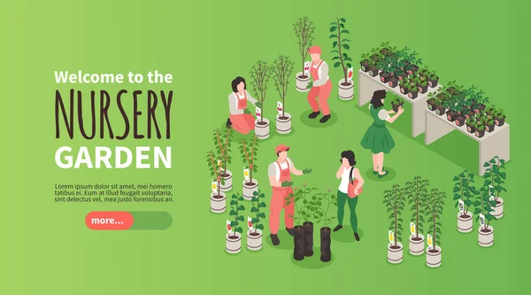 Isometric Nursery Garden Banner People Choosing Plants Store Vector Illustration — Stok Vektör