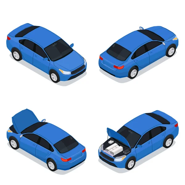 Car Service 2X2 Isometric Icons Set Four Blue Passenger Automobiles — Stock Vector