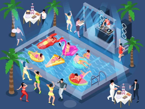 People Pool Party Isometric Composition View Festive People Inflatable Rings — Wektor stockowy