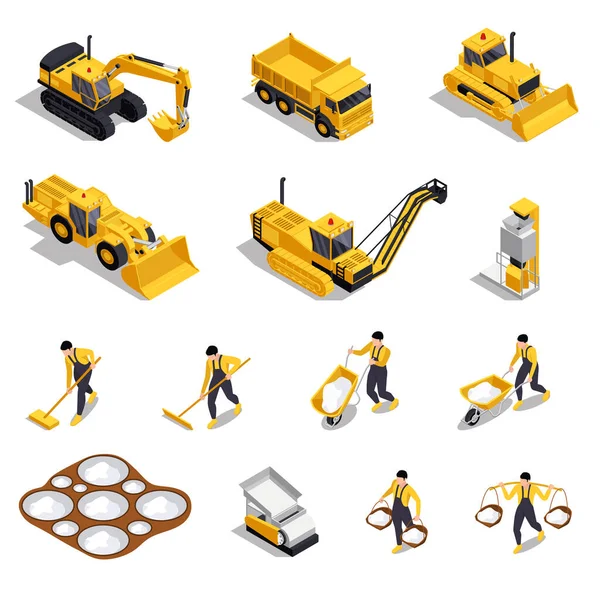 Salt Production Isometric Set Isolated Icons Industrial Facilities Workers Machinery — Archivo Imágenes Vectoriales