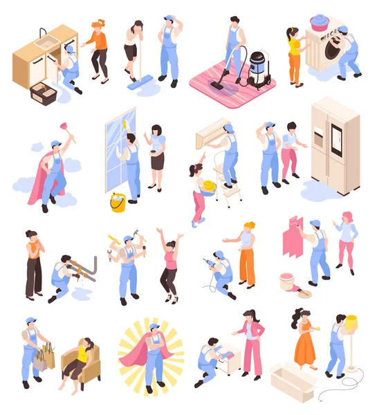 Isometric Husband Hour Icons Set Handymen Repairing Broken Household Isolated — Image vectorielle