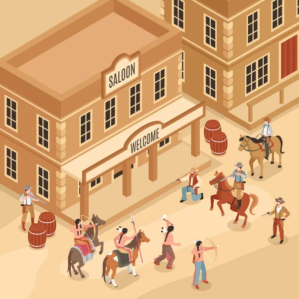 Isometric Wild West Scene Native Americans Cowboys Front Saloon Building — ストックベクタ