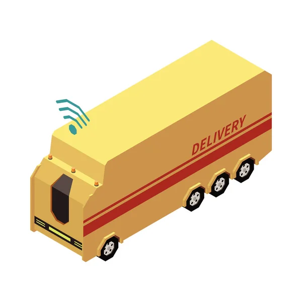 Isometric Remote Controlled Yellow Delivery Truck Vector Illustration — Stock Vector