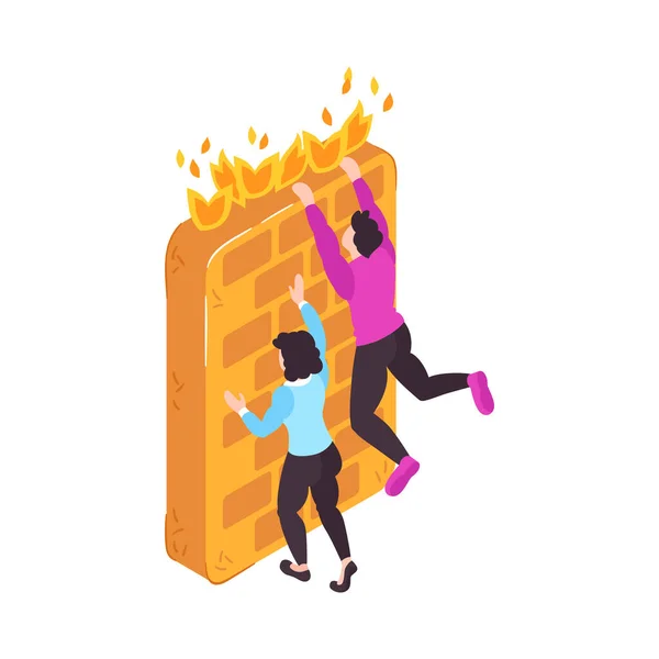 Isometric Banned Website Concept Icon Two Characters Trying Climb Firewall — Vettoriale Stock