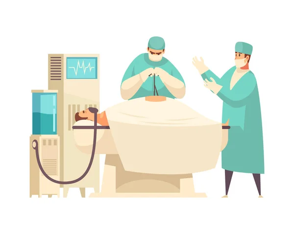 Two Surgeons Performing Surgical Operation Patients Body Flat Vector Illustration — Stock vektor