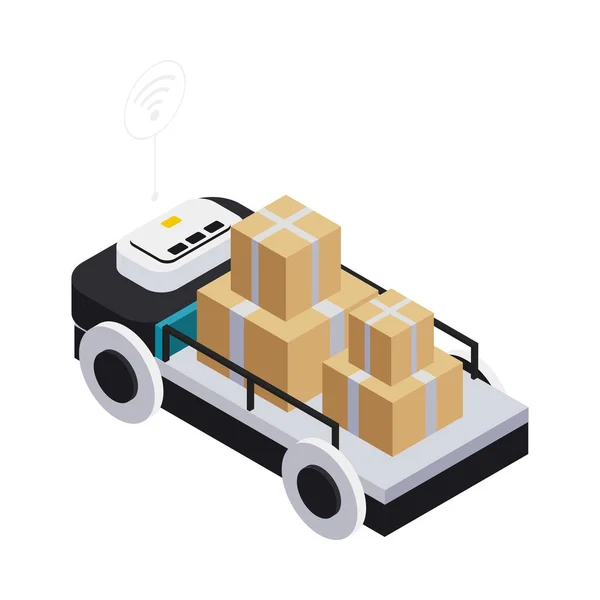 Isometric Smart Industry Icon Robotic Machine Delivering Cardboard Boxes Vector — ストックベクタ