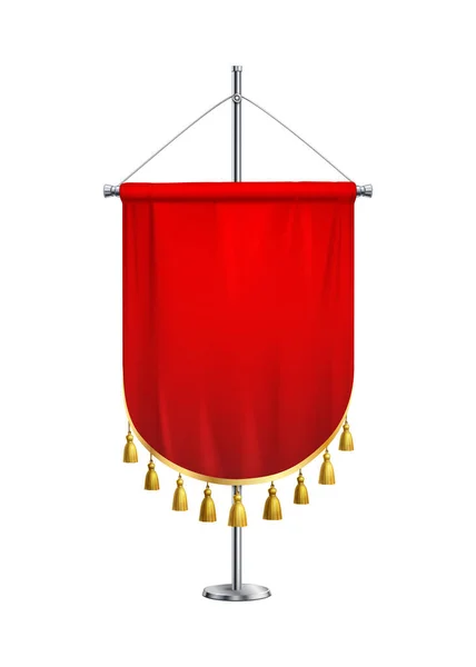 Κόκκινο Σατέν Σημαία Φούντες Χάλυβα Spire Βάθρο Ρεαλιστική Διανυσματική Απεικόνιση — Διανυσματικό Αρχείο