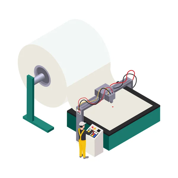 Paper Production Icon Factory Equipment Big Roll Worker Isometric Vector — 图库矢量图片