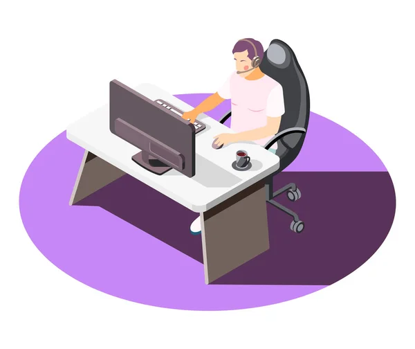 Call Center Composition Male Worker Wearing Headset Working Computer Isometric — Image vectorielle