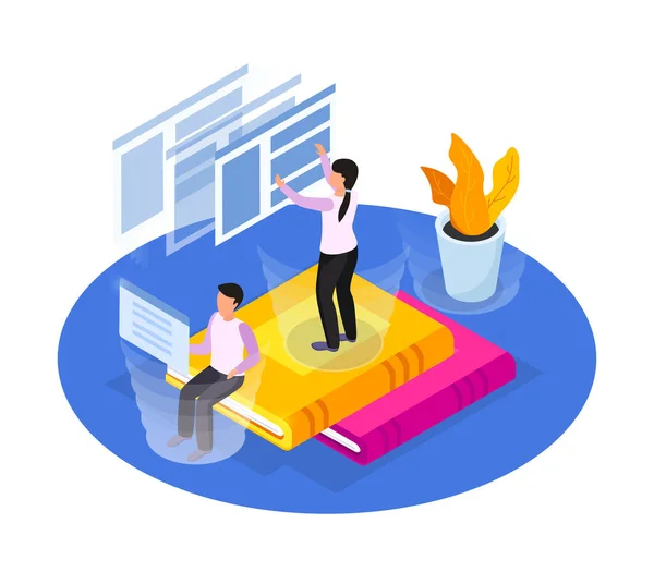 Online Library Conceptual Composition People Reading Ebooks Isometric Vector Illustration — 图库矢量图片