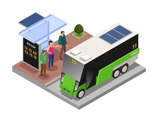 Smart Urban Ecology Isometric Composition Eco Electric Bus People Vector — Image vectorielle