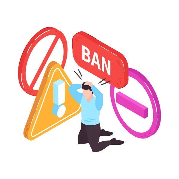 Isometric Banned Website Concept Worried Human Character Ban Prohibitions Signs — Image vectorielle