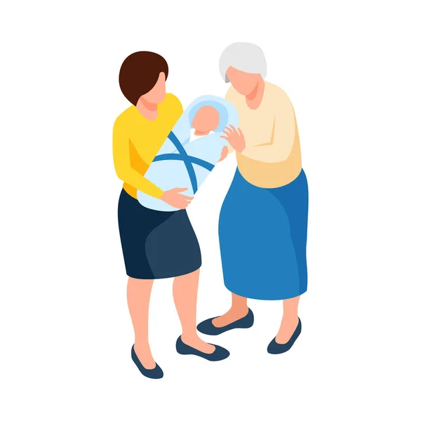 Isometric Family Grandmother Mother Newborn Baby Vector Illustration — Archivo Imágenes Vectoriales