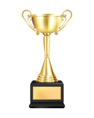 Realistic golden trophy winner cup on black pedestal vector illustration