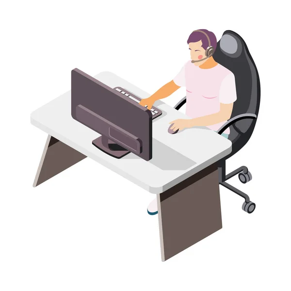 Isometric Call Center Worker His Workplace Office Vector Illustration — Archivo Imágenes Vectoriales