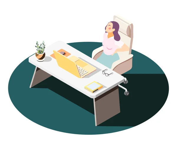 Woman Having Backache Her Workplace Office Because Sedentary Lifestyle Isometric — Wektor stockowy