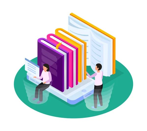 Online Library Composition Human Characters Reading Choosing Ebooks Isometric Vector —  Vetores de Stock