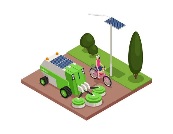 Smart Urban Ecology Isometric Composition Female Cyclist Electric Vehicle Cleaning — Stockvektor