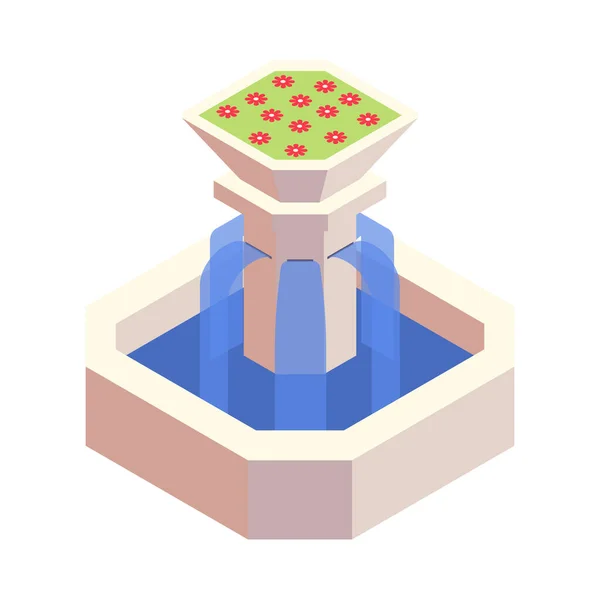 Isometric City Park Fountain Red Flowers Vector Illustration — Stockový vektor