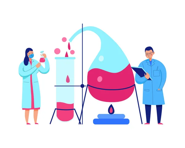 Δύο Επιστήμονες Που Πραγματοποιούν Χημικά Πειράματα Στο Εργαστήριο Επιστήμης Επίπεδη — Διανυσματικό Αρχείο
