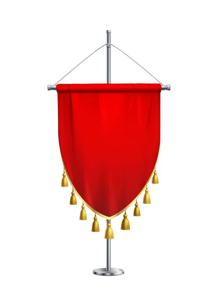 Realistic Red Pennant Golden Fringe Steel Pole Vector Illustration — ストックベクタ