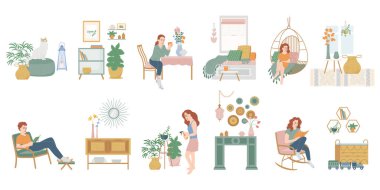 Lagom life flat set of isolated icons with colored images of house decorations plants and people vector illustration